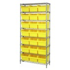 Wire Shelving Unit with Yellow Plastic Bins