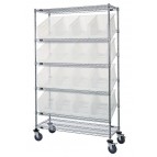 Slanted Wire Shelving Unit with Clear Plastic Bins