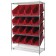 Slanted Wire Shelving Unit with Red Plastic Storage Bins