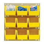 Louvered Panel System with Yellow Plastic Bins