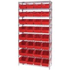 Wire Shelving Unit with Red Plastic Storage Bins