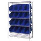 Slanted Wire Shelving with Plastic Storage Bins - Blue