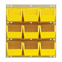 Louvered Panel System with Yellow Plastic Bins