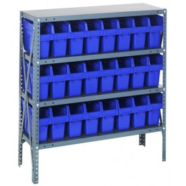 Steel Shelving Unit with Blue Plastic Bins