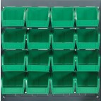 Louvered Panel with Green Plastic Bins