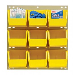 Louvered Panel System with Yellow Plastic Bins