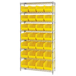 Wire Shelving Unit with Yellow Plastic Bins