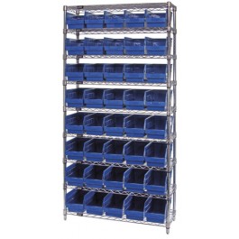 Wire Shelving Unit with Blue Plastic Storage Bins