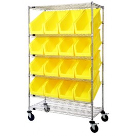 Slanted Wire Shelving Unit with Blue Plastic Storage Bins